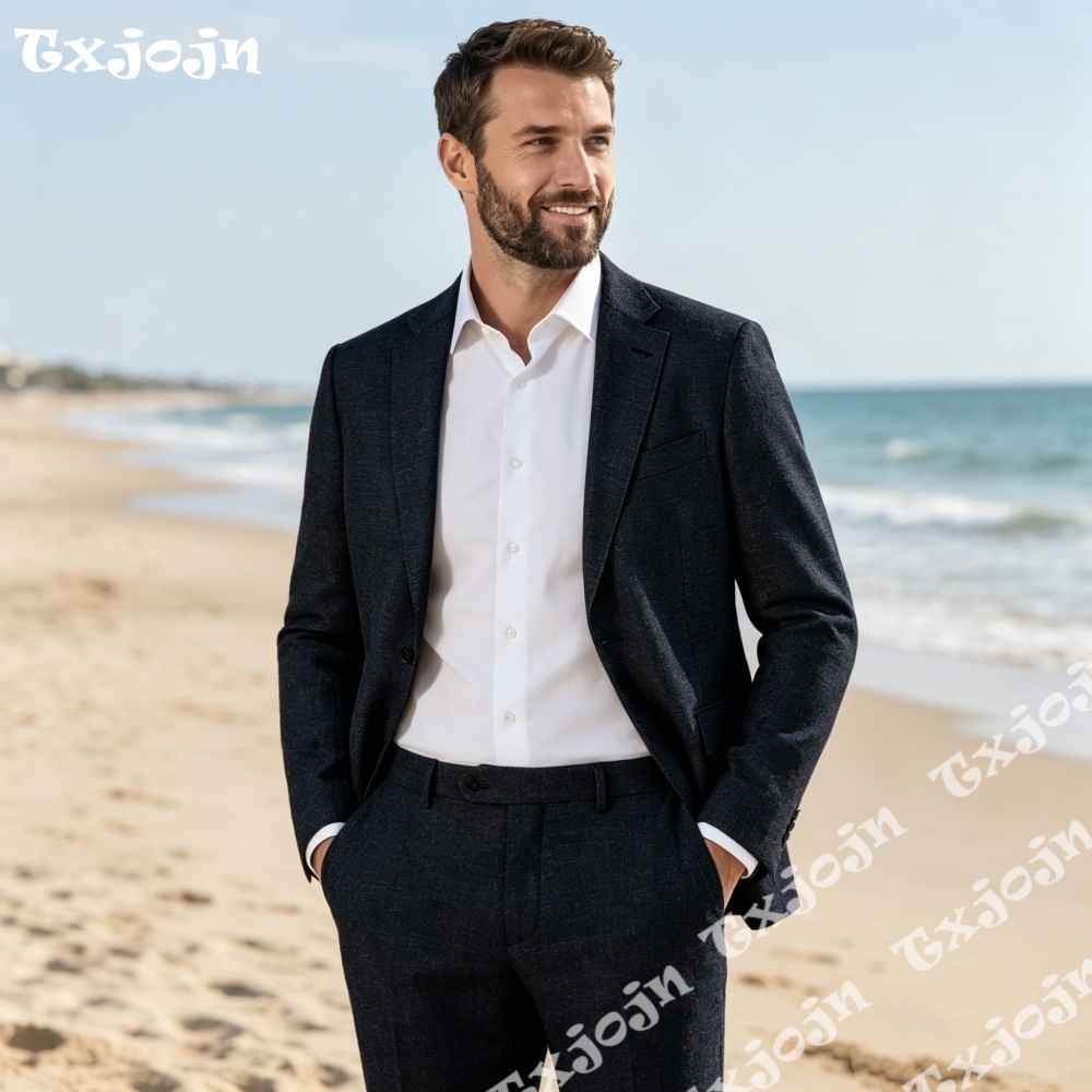 Men Linen Formal Wear - Classic Dark Navy Linen Men 2PCS