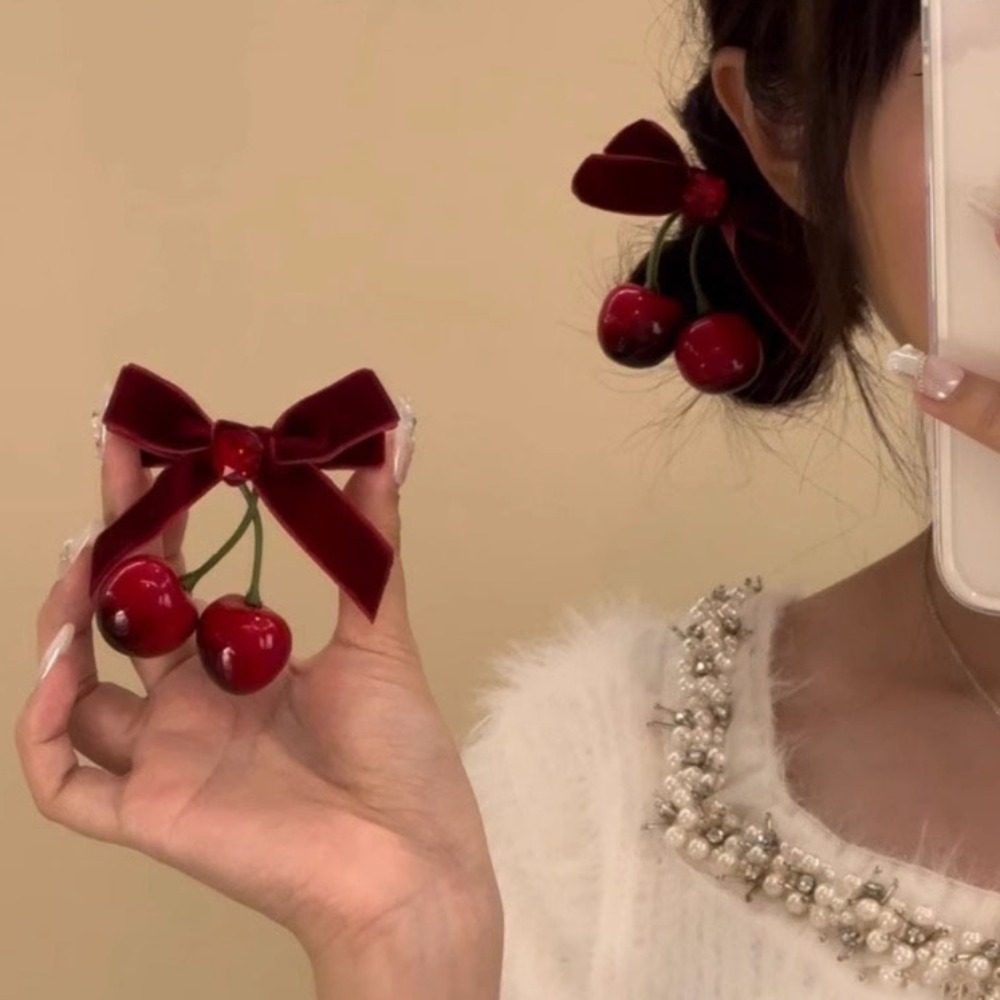 Tie Bar Clip - Velvet Bow Red Cherry Hairpins Barrettes