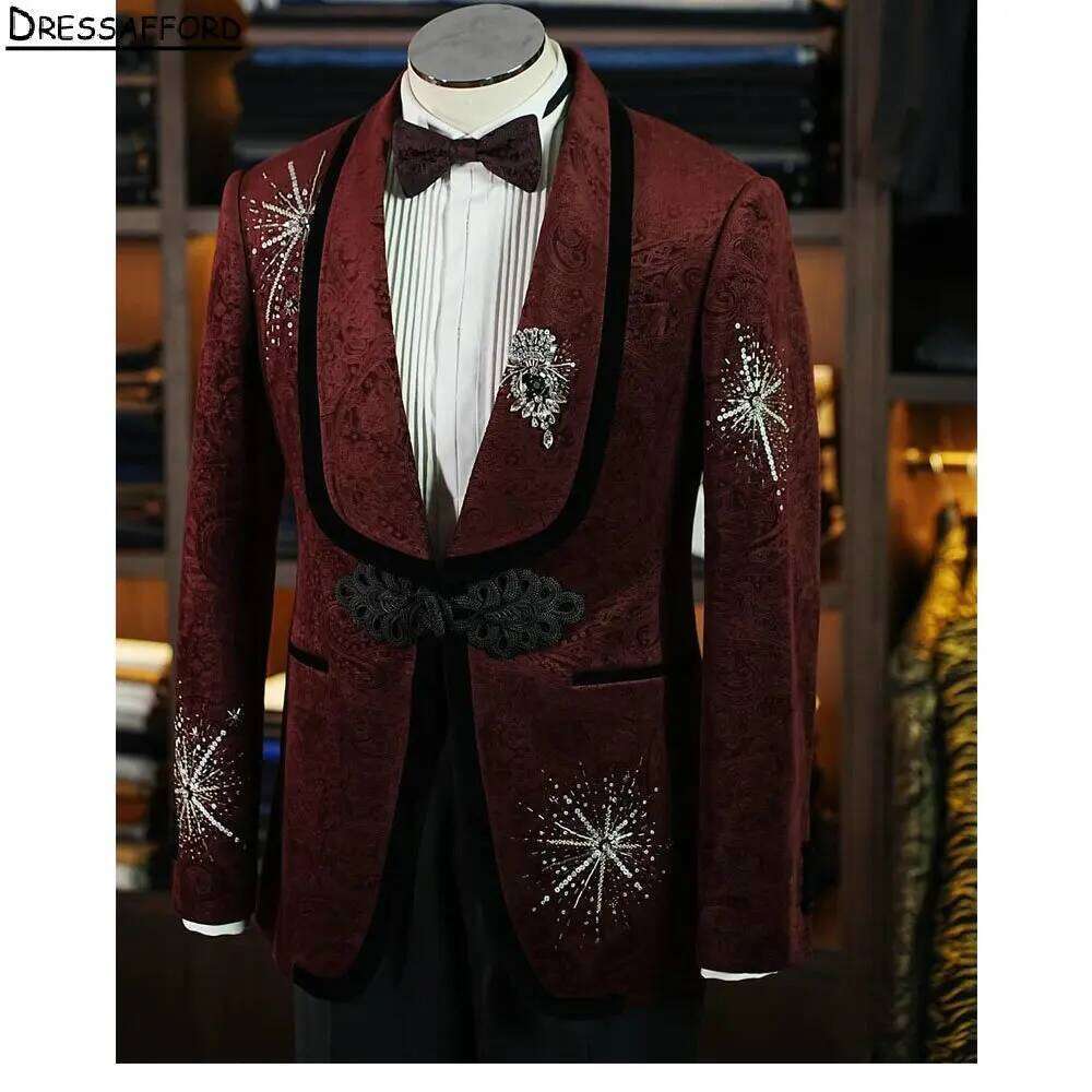 Men'S Formal Wear No Suit - Dark Red Jacquard Crystal Beading Men