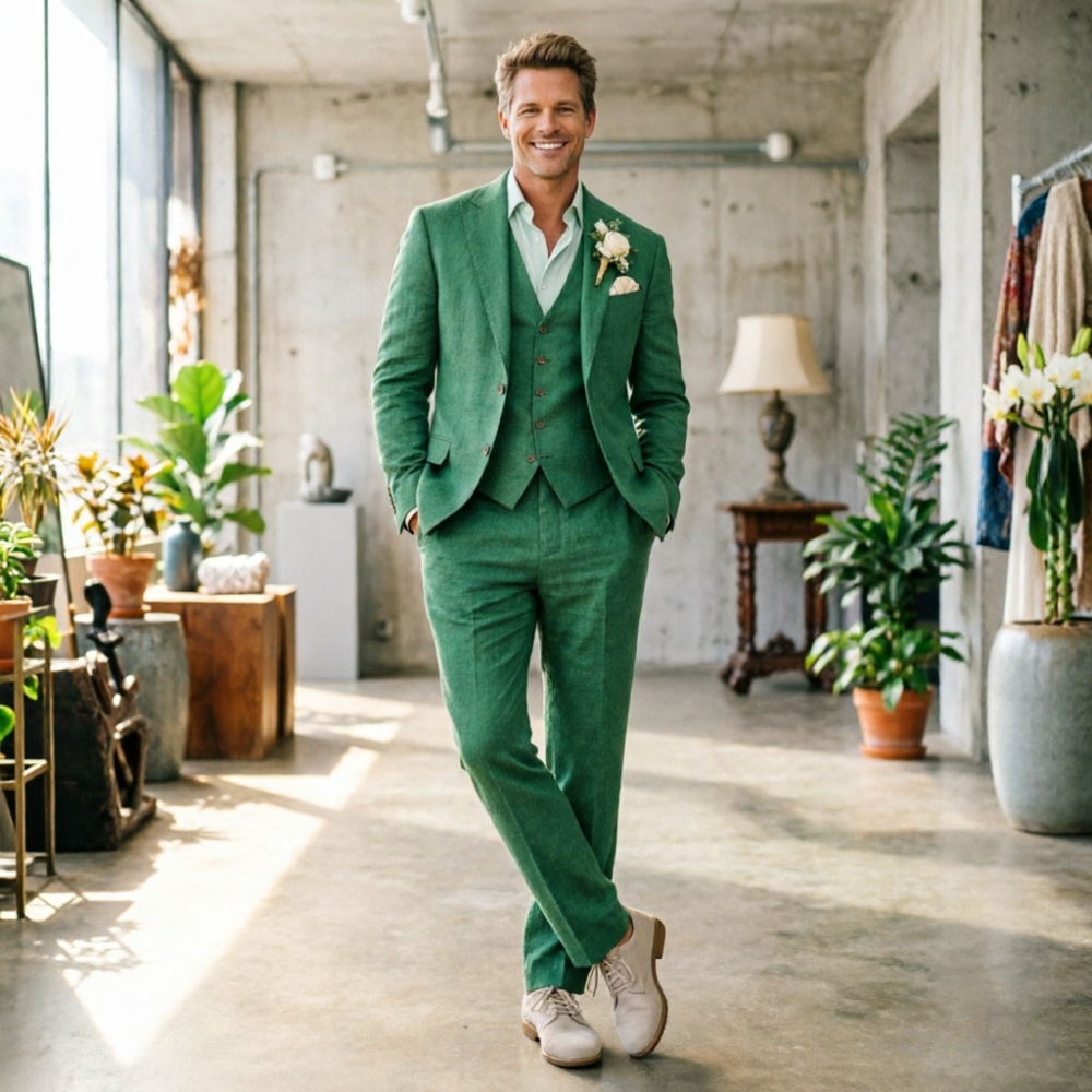 Sage Green Linen Men Suits 3 P - Men Linen Formal Wear recensione e prezzo